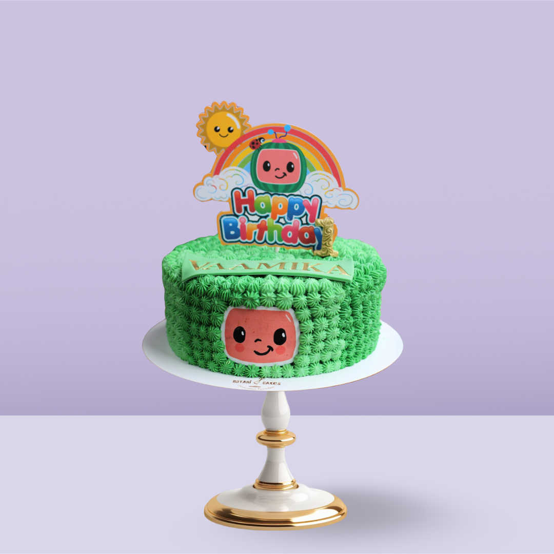 Cocomelon cakes with edible characters and bright decorations, ideal for kids' parties and celebrations.