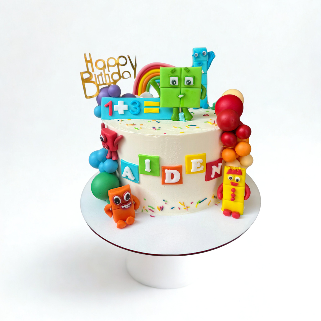 Colorful Number Blocks Cake with various flavor options available