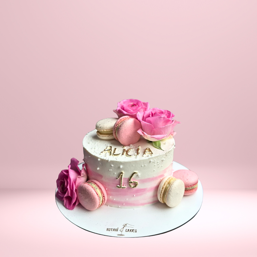 pink cake with macarons and flowers for her 16th birthday and more