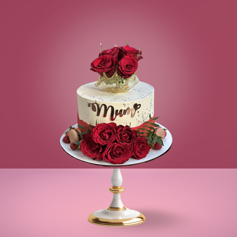 Elegant Mum Cake with floral design and custom “Love You Mum” topper, perfect for Mother’s Day