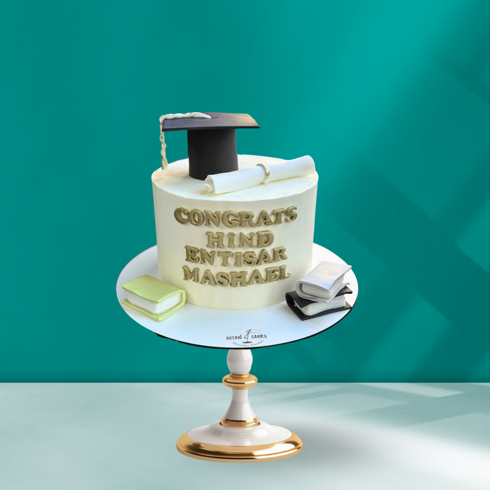 Special Graduation Cake by Rotari Bakes with graduation cap, scroll decorations, and customisable design