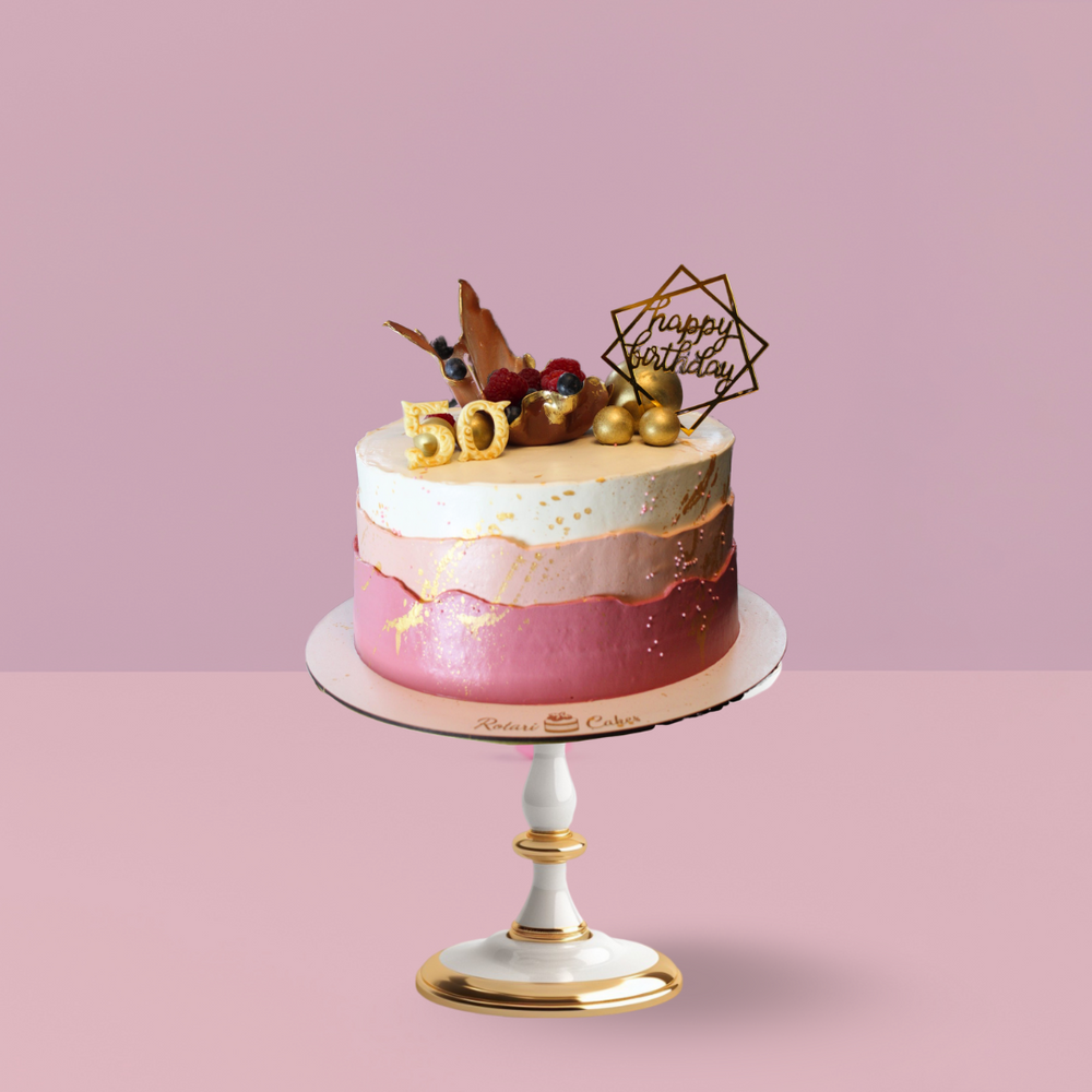 50th birthday Cake in pink colour and golden touch