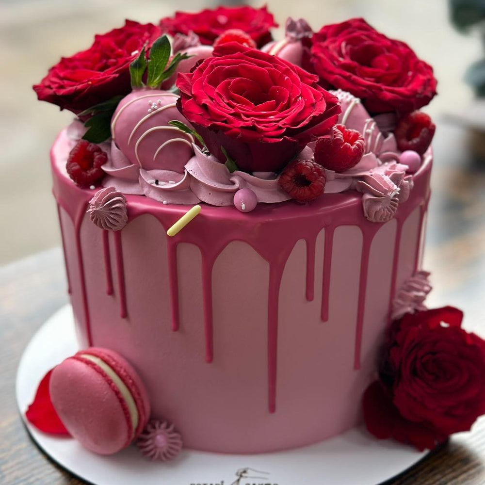 Roses Cake with red rose decorations, perfect for birthdays or special occasions