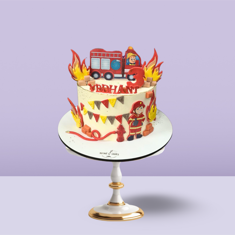 Fire Man Cake  featuring firetruck toppers, vibrant flames, ideal for firefighter-themed birthday parties.