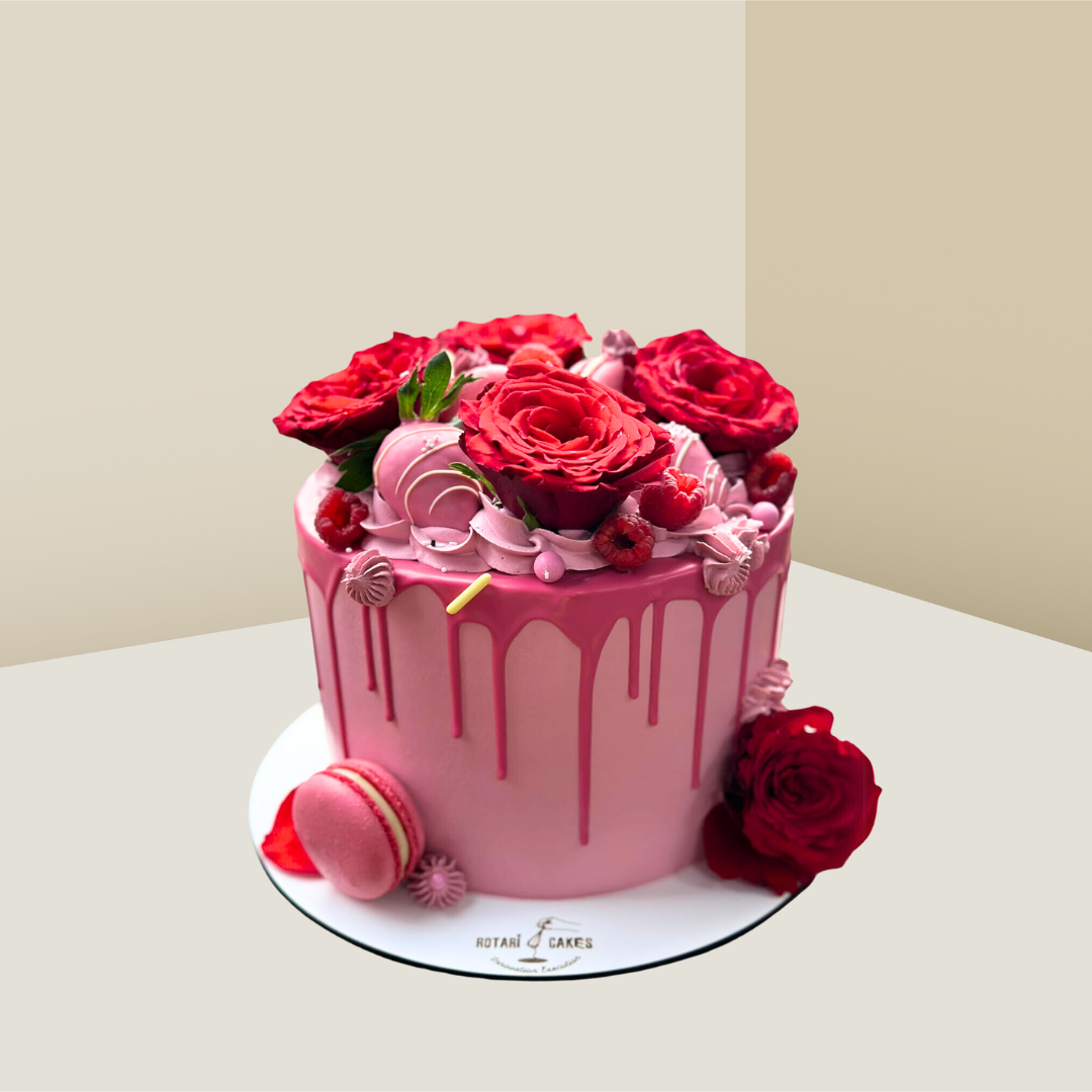 Roses Cake with red rose decorations, perfect for birthdays or special occasions