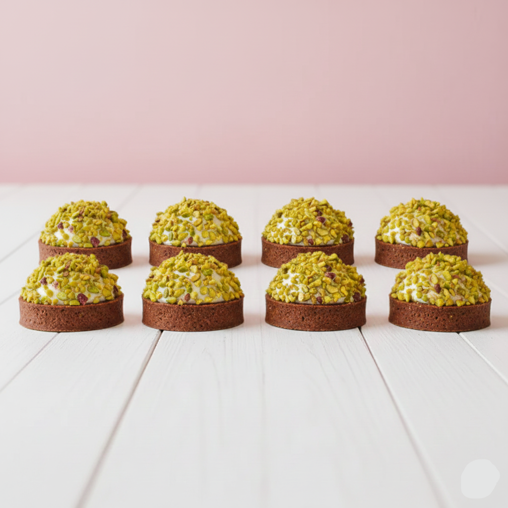8 pistachio tarts with green topping on a white surface and pink background