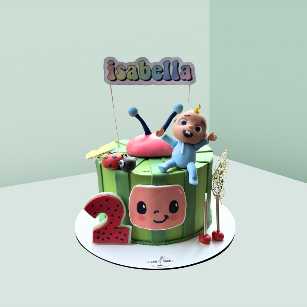 Cocomelon & Watermelon Cake with vibrant colours, character toppers, and watermelon-themed design. perfect for kids’ birthdays.
