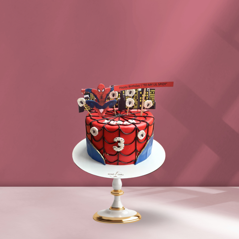 spiderman cake with topper and custom text
