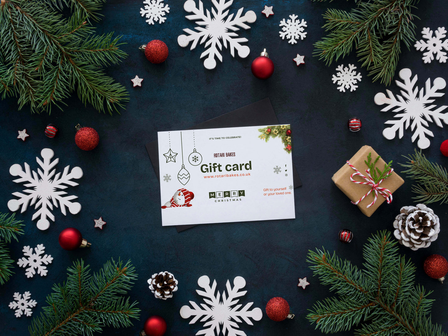 Gift card on a festive background with Christmas decorations