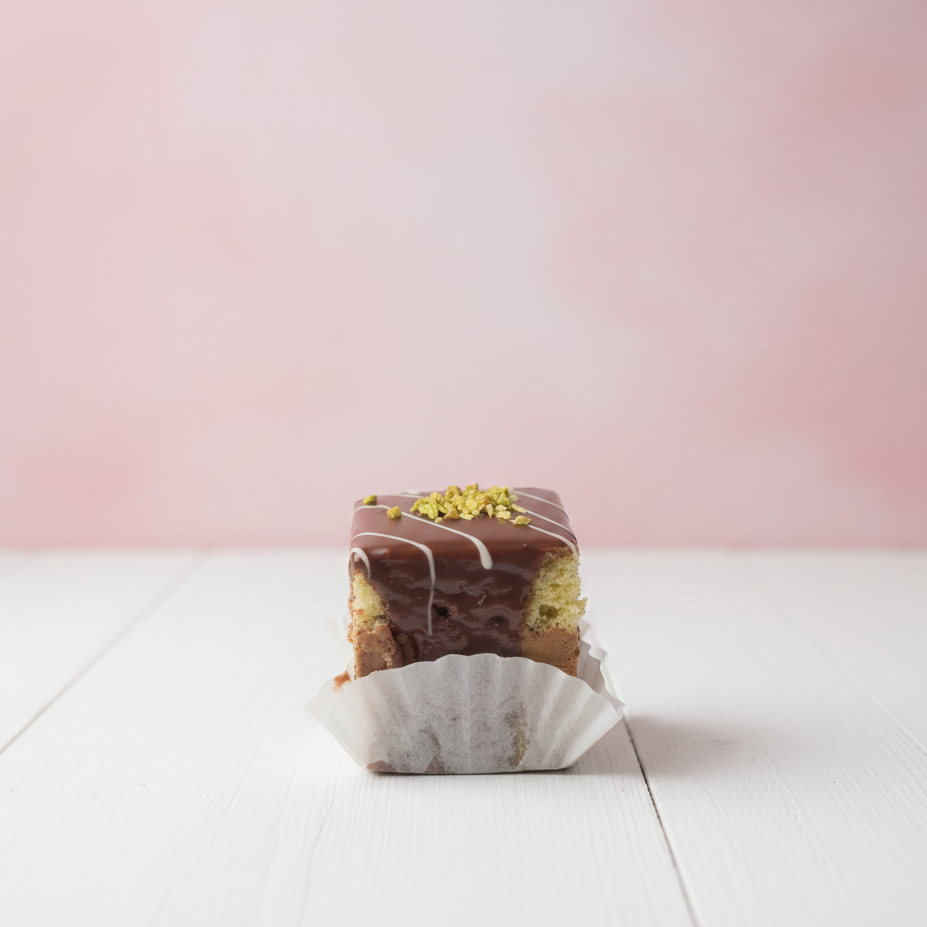 Square dessert with chocolate drizzle on a white surface with a pink background