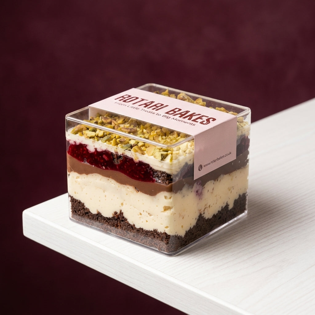 A square layered dessert cake in a clear plastic container with a pink paper label reading 'ROTARI BAKES', placed on a white surface against a dark burgundy background.