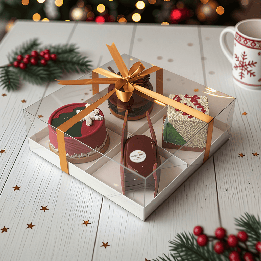 Christmas  small cakes on a tray with Christmas decorations on a wooden surface perfect for Christmas gift