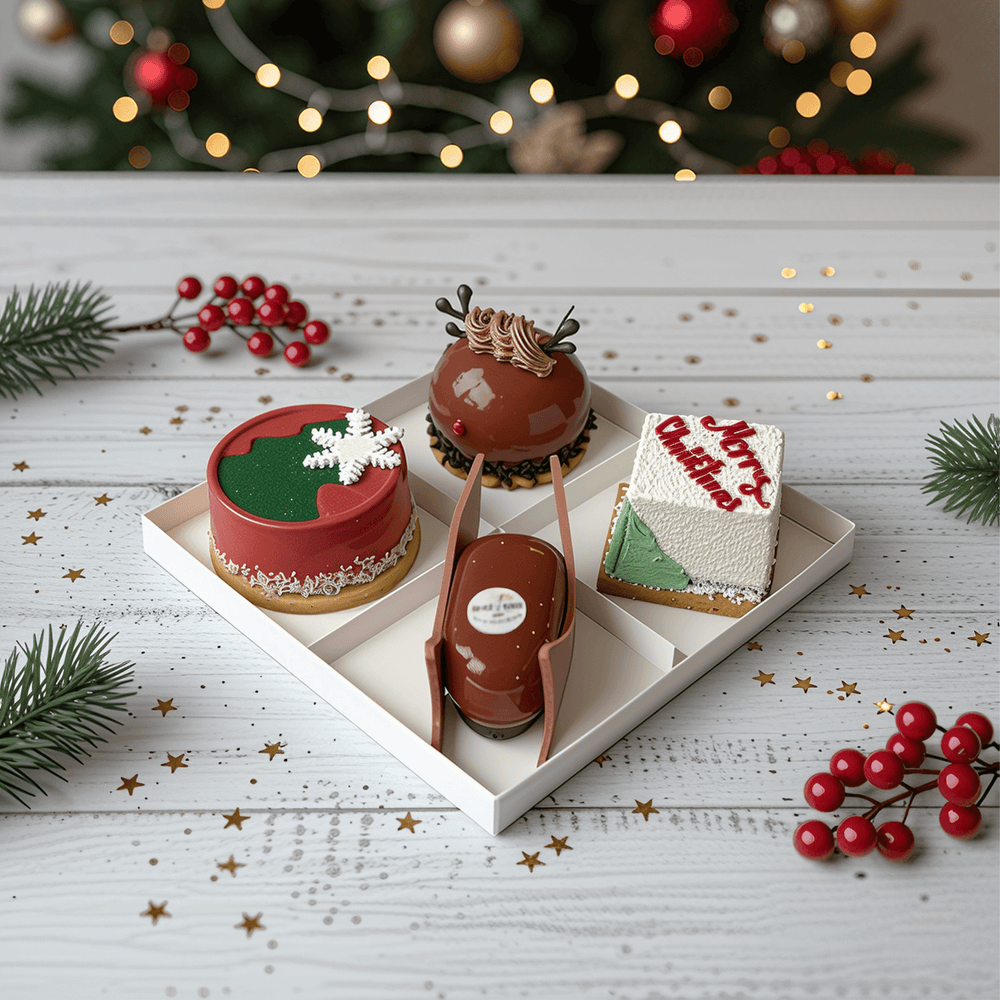 Christmas  small cakes on a tray with Christmas decorations on a wooden surface perfect for Christmas gift