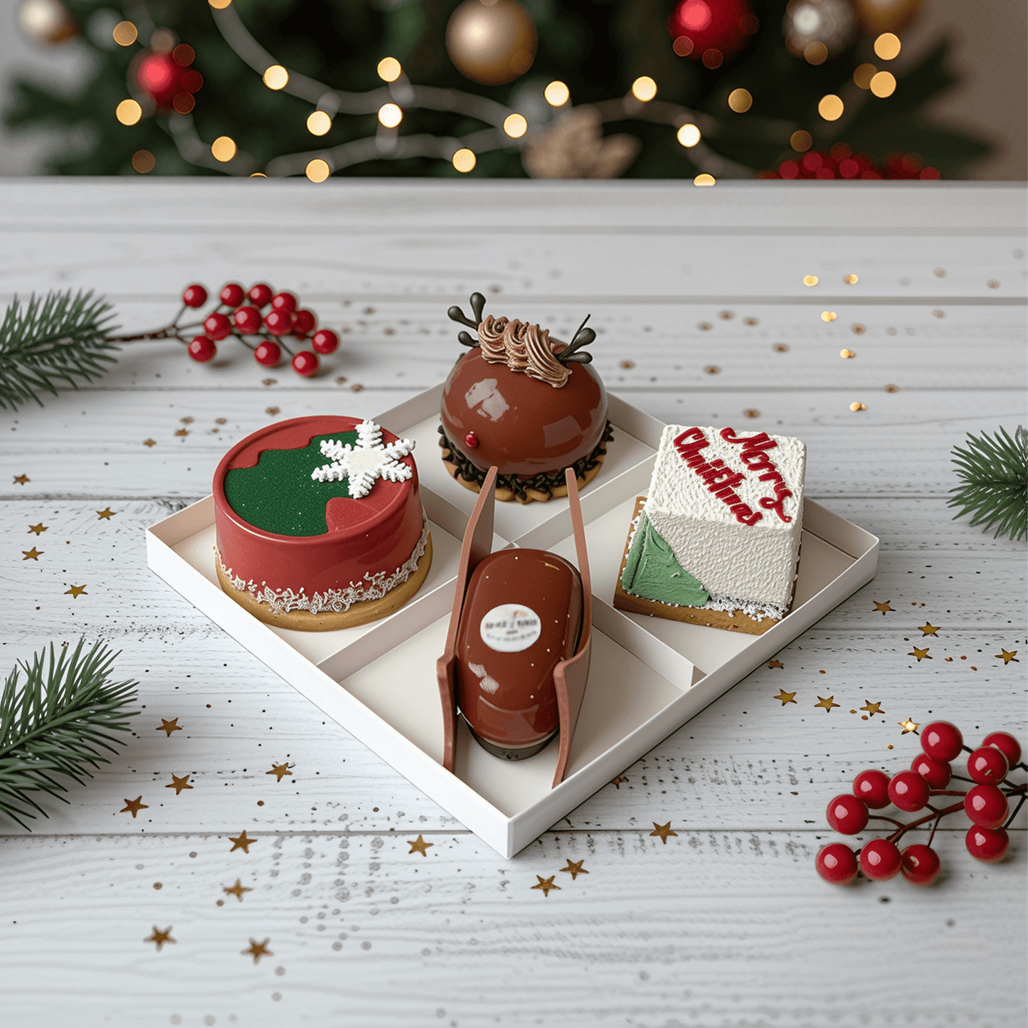 Christmas  small cakes on a tray with Christmas decorations on a wooden surface perfect for Christmas gift