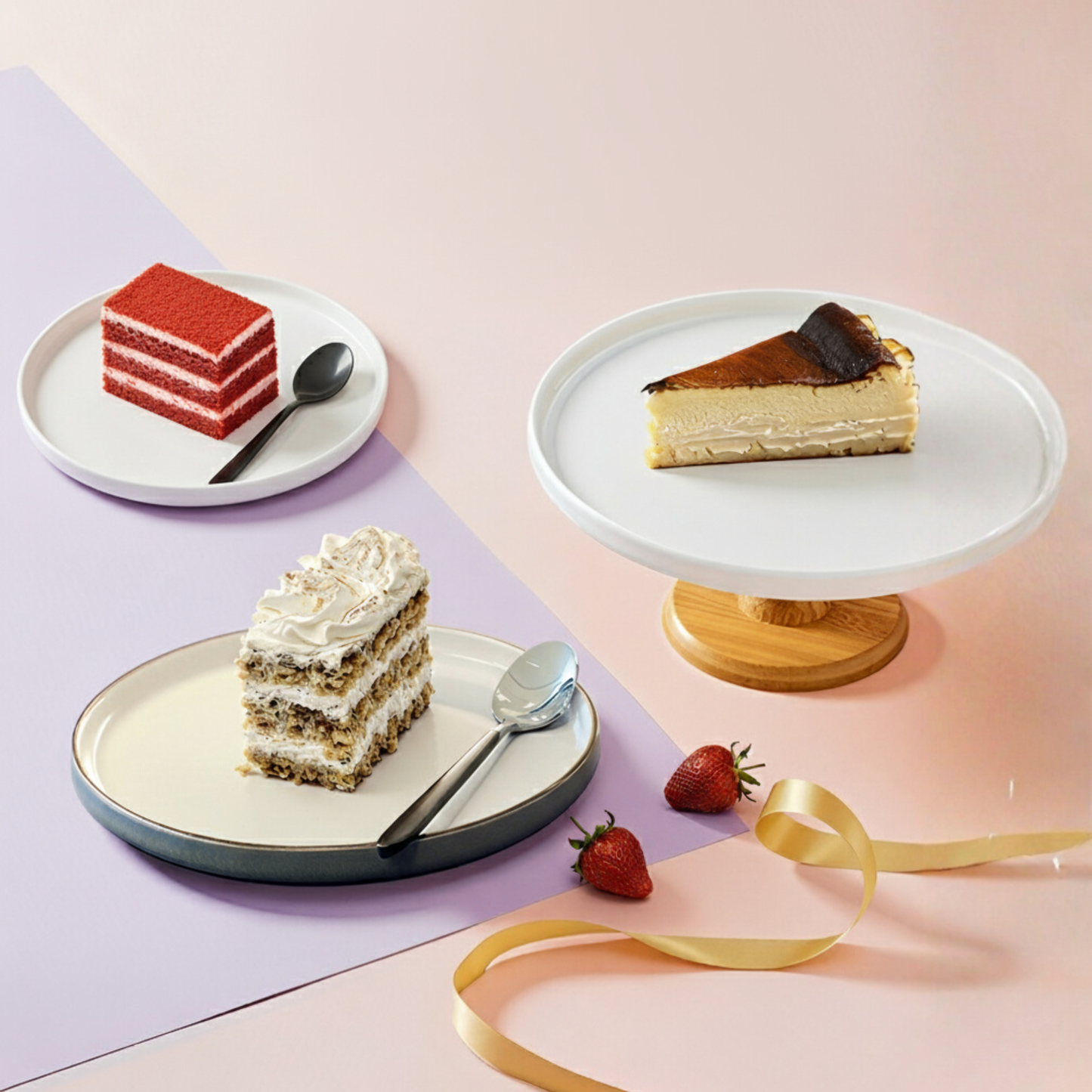 Three slices of different desserts including carrot cake, red velvet slice cake and cheesecake by rotari bakes