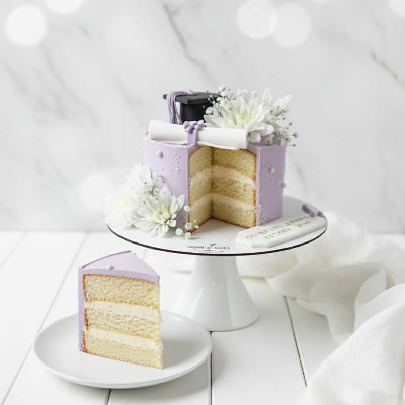 graduation cake in purple colour with flowers and diplom and hat