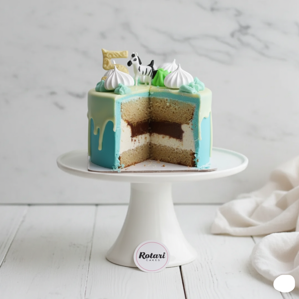 Decorative cake with a slice cut out on a white stand against a marble background