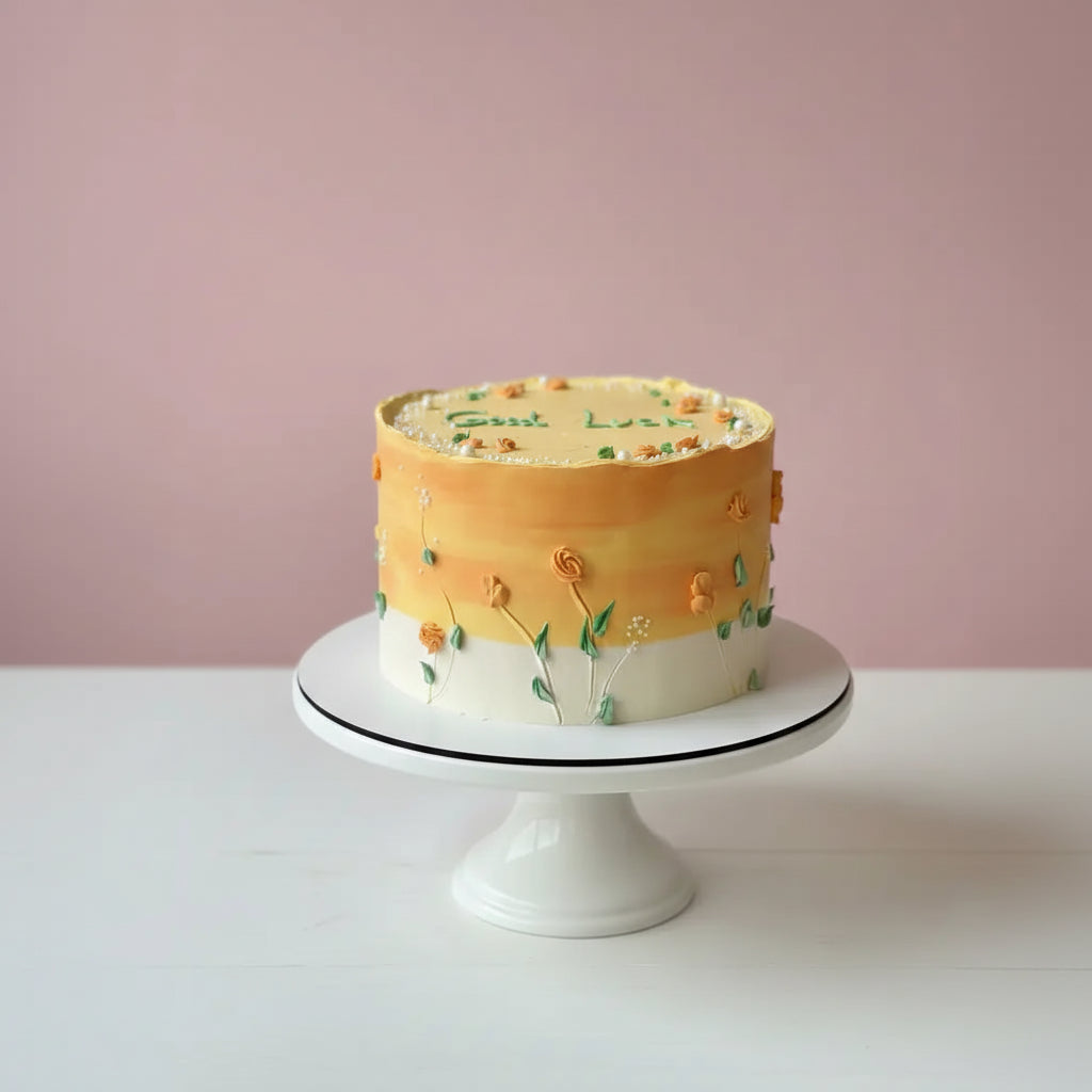 Hand piped floral cake  with floral designs on a white stand against a pink background