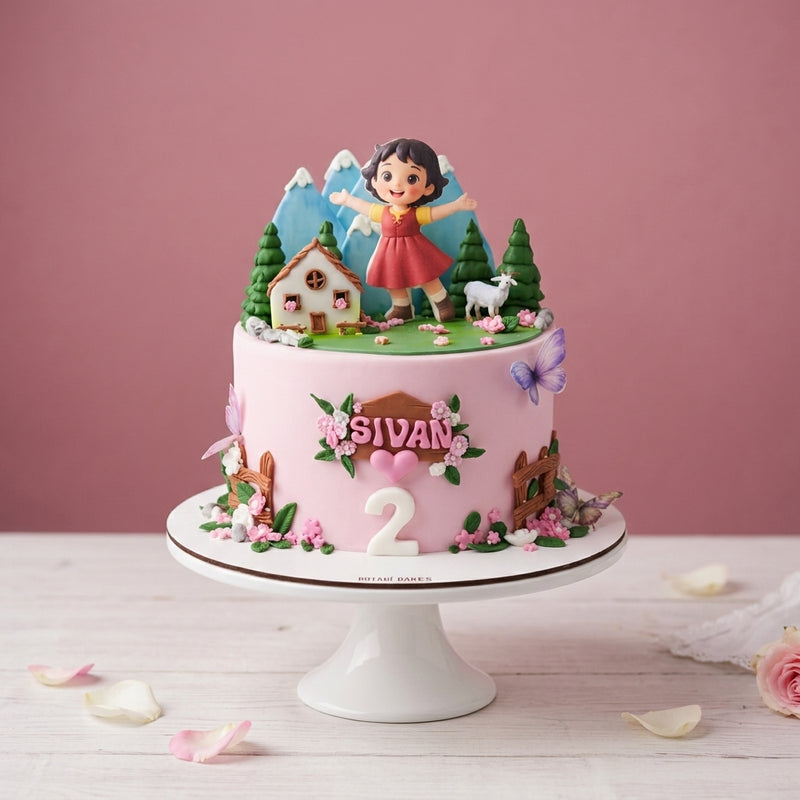 heidi theme celebration cake for kids birthdays in pink colour with hand crafted 3D fondant figures of the theme. perfect cake for baby girls