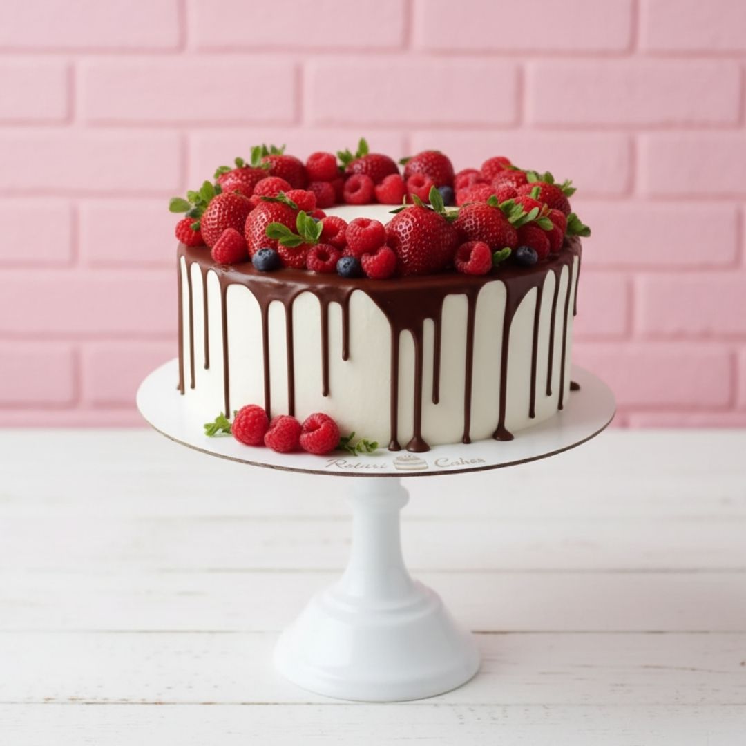 Honey Russian cake with berries on a white stand against a pink brick wall.