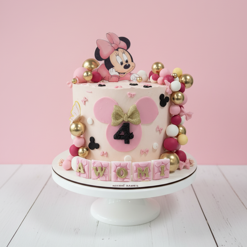 Pink Minnie Mouse birthday cake with gold and pink decorations on a white stand against a pink background.