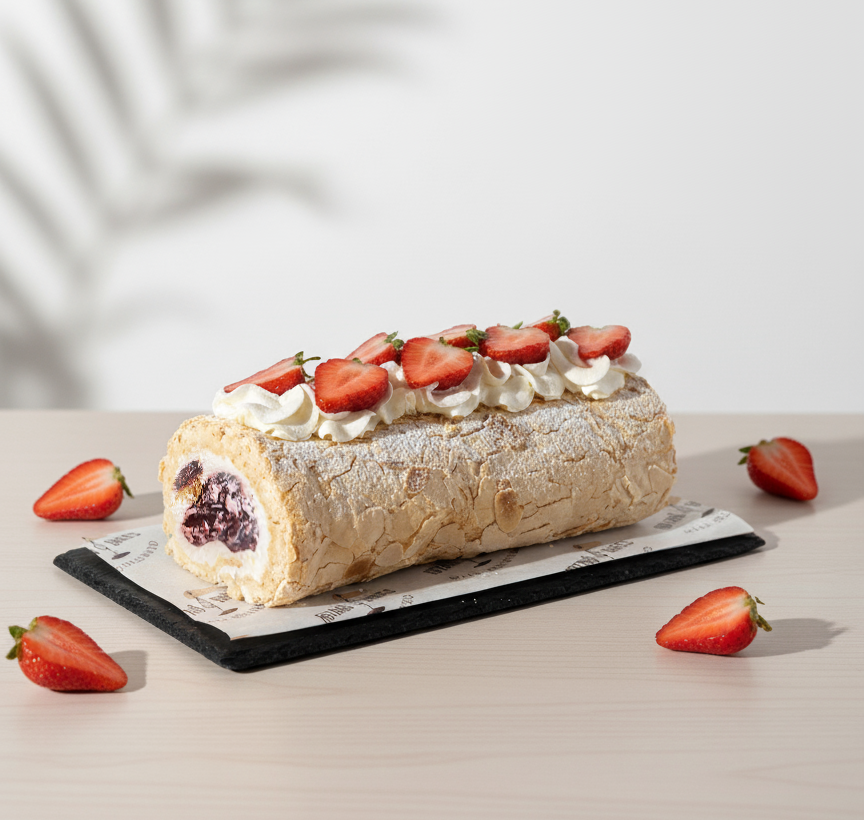 pavlova roll with whipped cream on a light surface