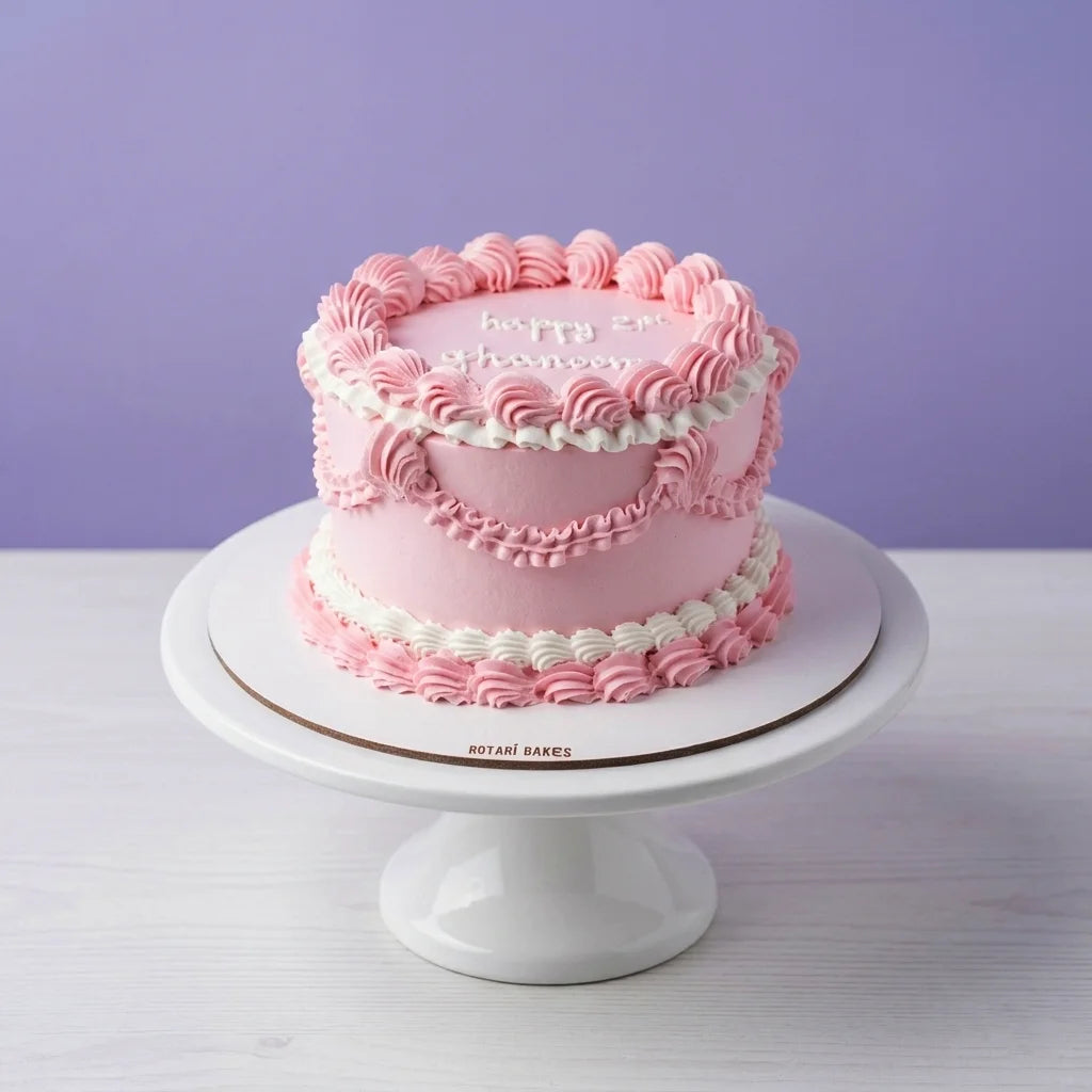 Pink vintage piping cake with white frosting on a white cake stand against a purple background