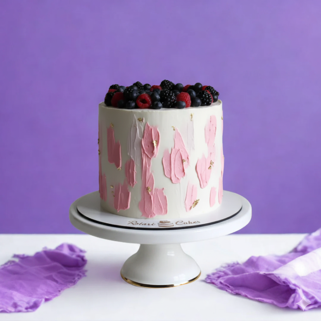 Cake with pink floral design and berries on a white stand against a purple background