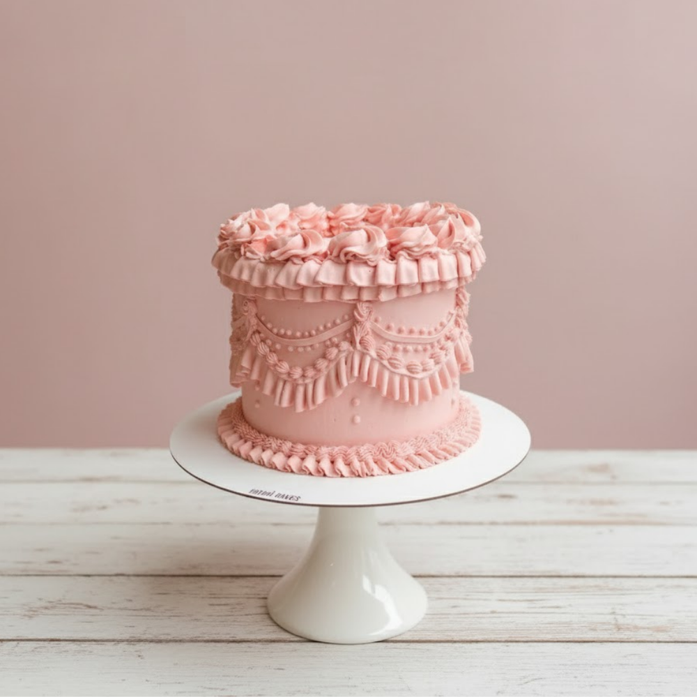 Pink cake with decorative layers on a white stand against a pink background