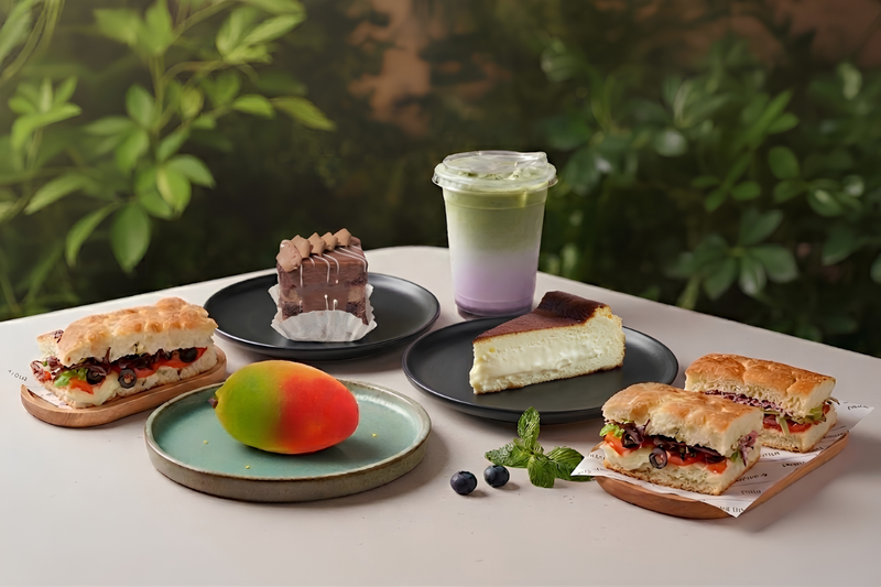 Assorted food items including sandwiches, a cake, and a fruit on a table with a greenery background.