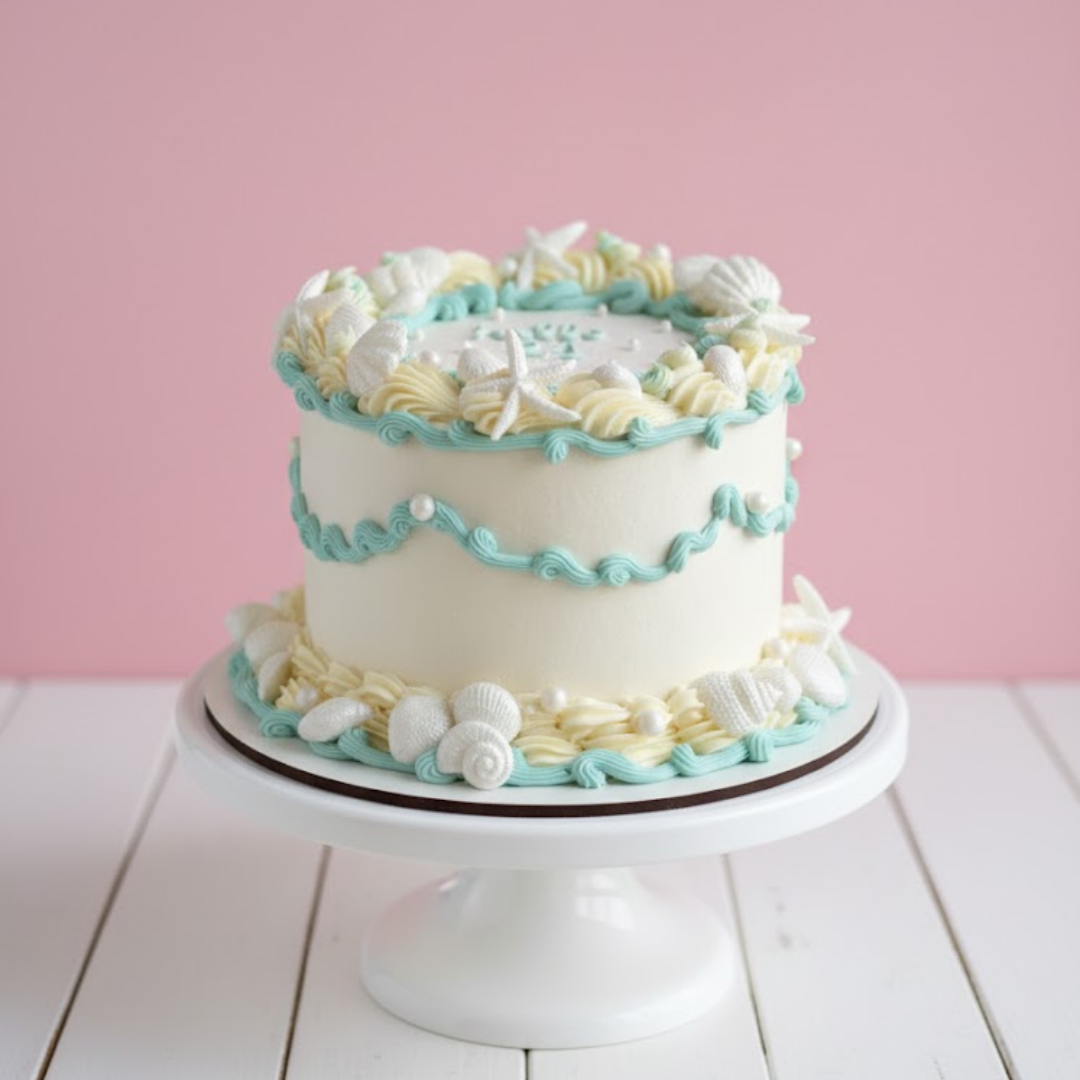 Seashells theme cake with white, blue, and yellow icing on a white stand against a pink background