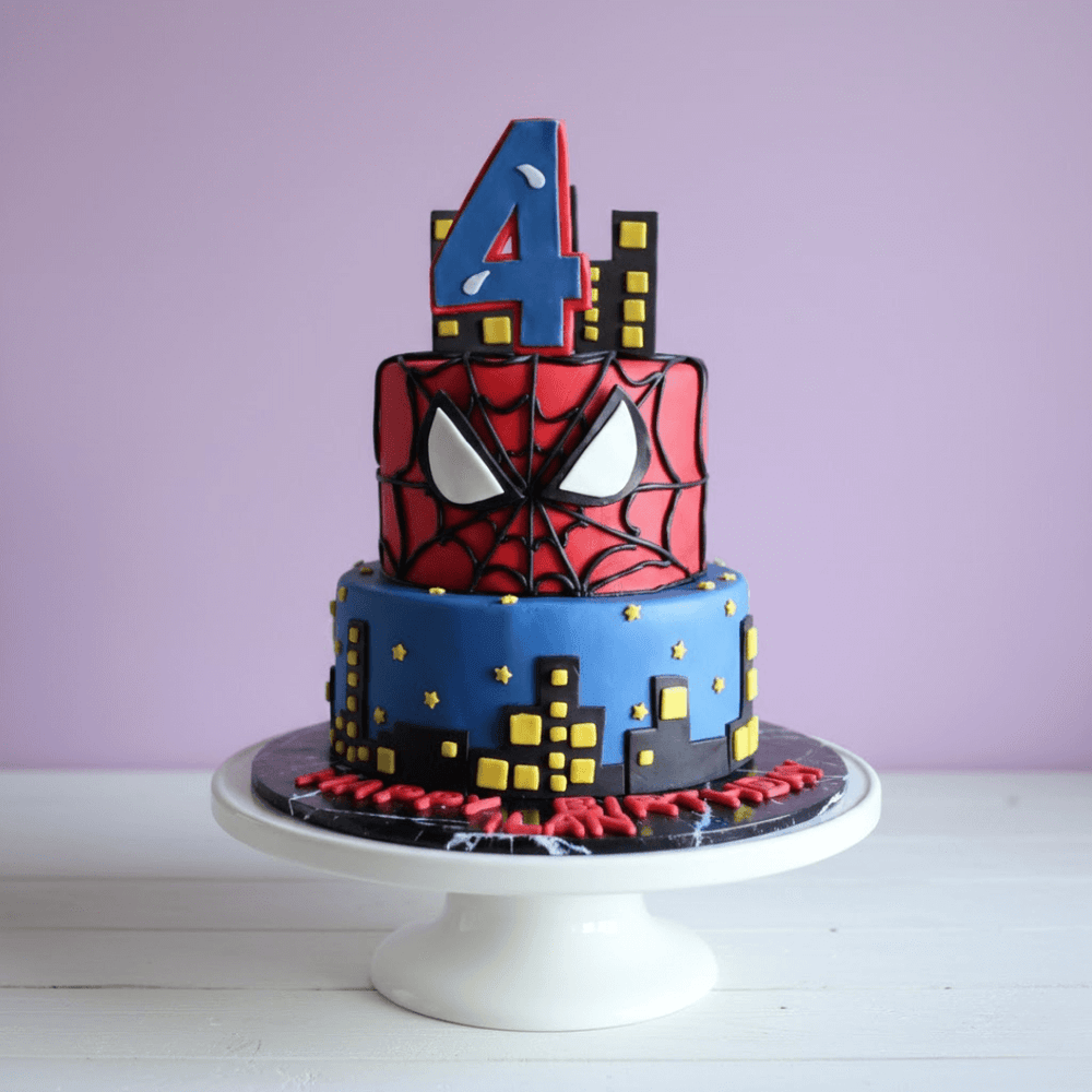 Spider-Man themed birthday cake with number 4 on a purple background