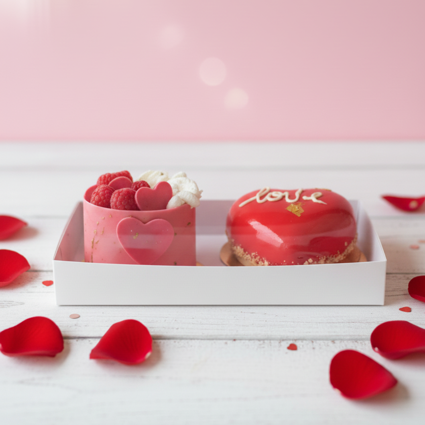 Two heart-shaped red cakes with white frosting in a box, surrounded by red rose petals on a pink background.