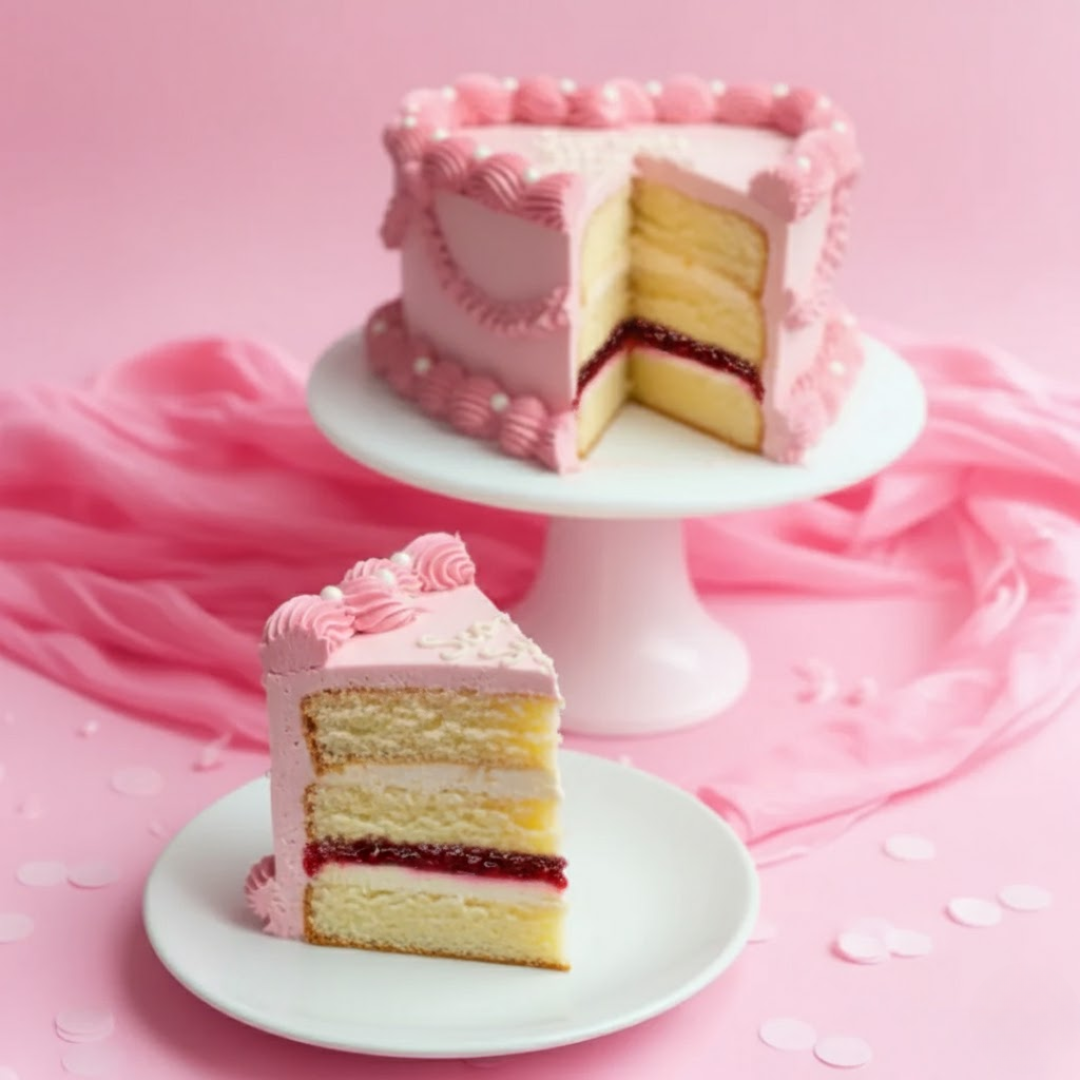 Vanilla & Raspberry flavour pink heart shape cake with a slice on a white plate against a pink background