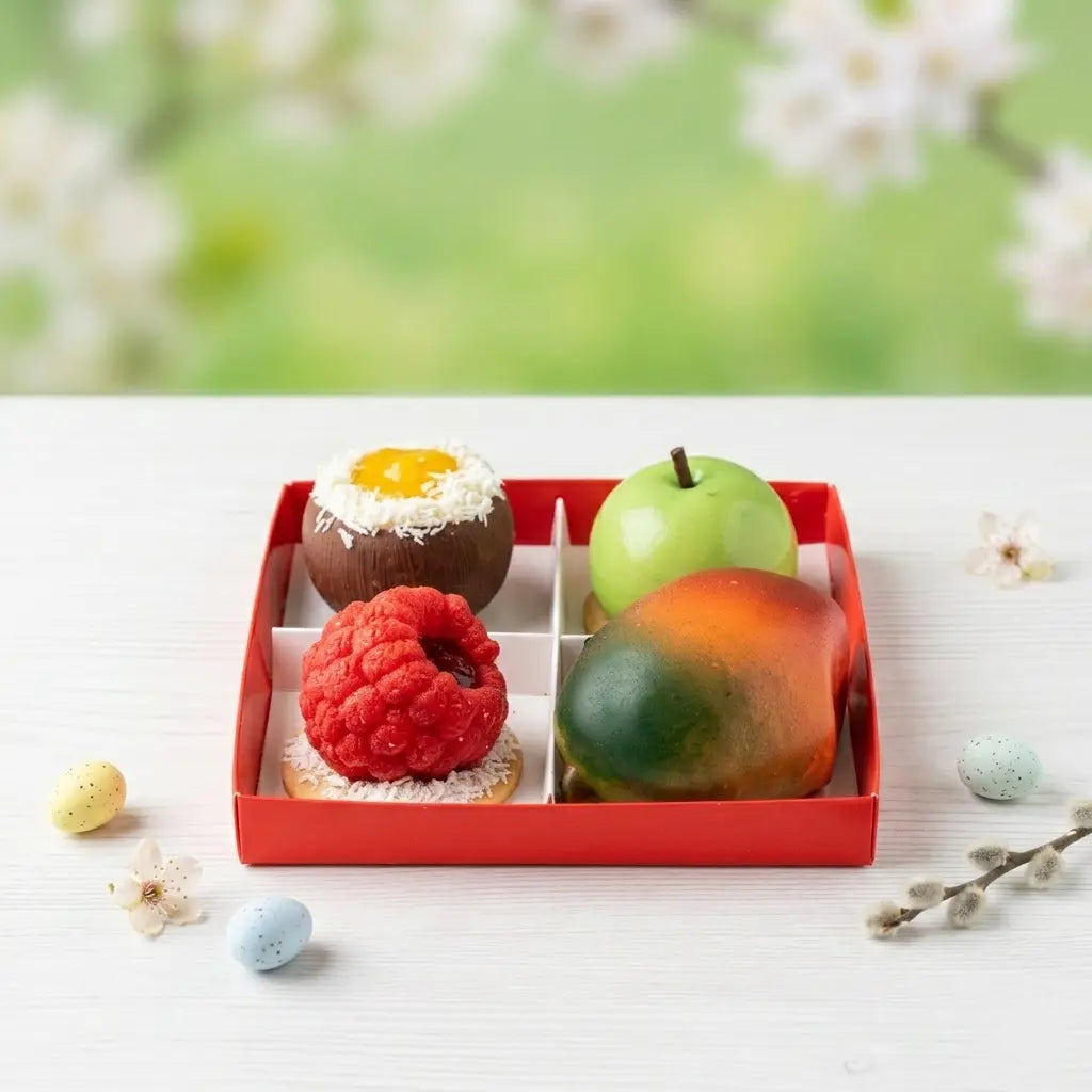 Assorted fruit-shaped pastries in a red box with a blurred floral background for easter