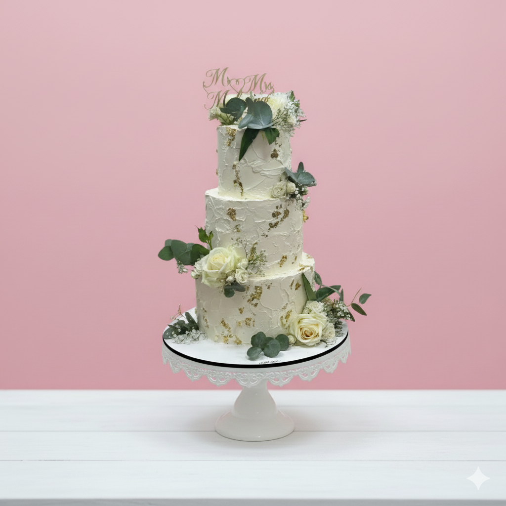 Three-tiered wedding cake with floral decorations on a pink background