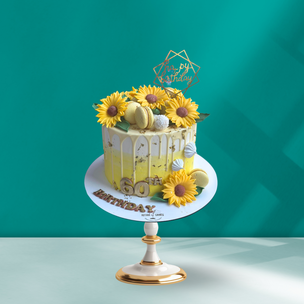 Sunflower Cake in yellow colour with sunflowers on top for 60th birthday