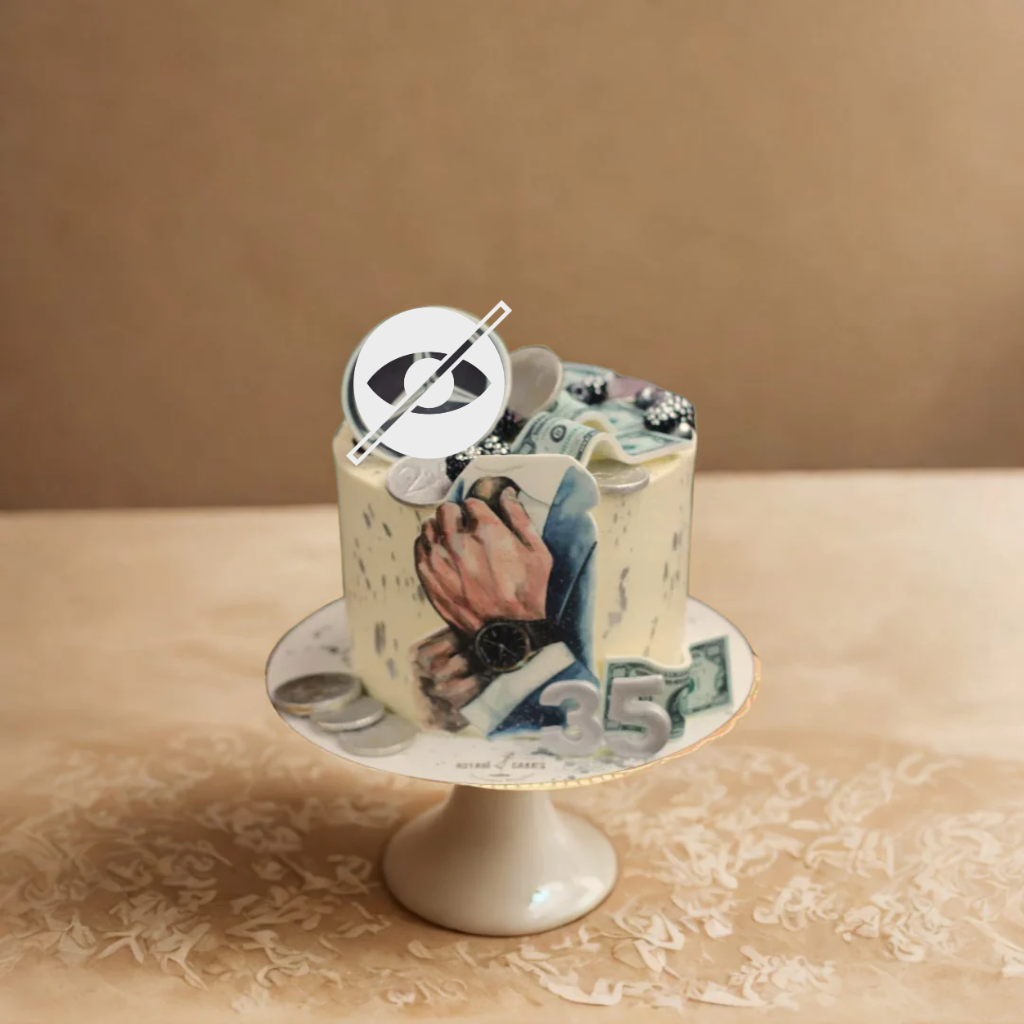 A custom frosted birthday cake on a ceramic stand, decorated with a photo of a man in a suit, banknotes, coins, and a 'no eyes' graphic topper, set against a warm beige background.