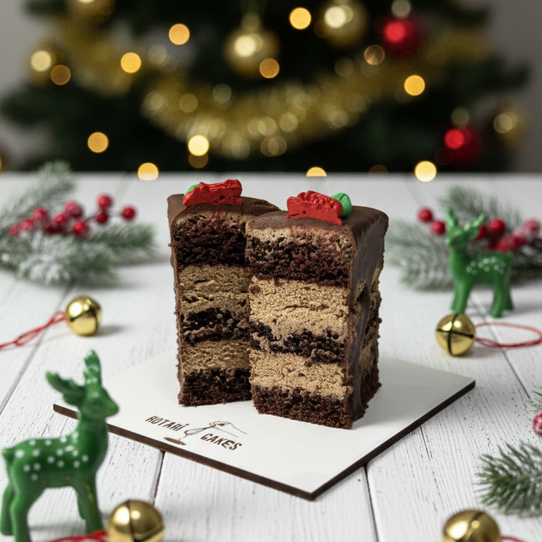 amandine sliced cake with a slice cut out, Christmas tree in the background