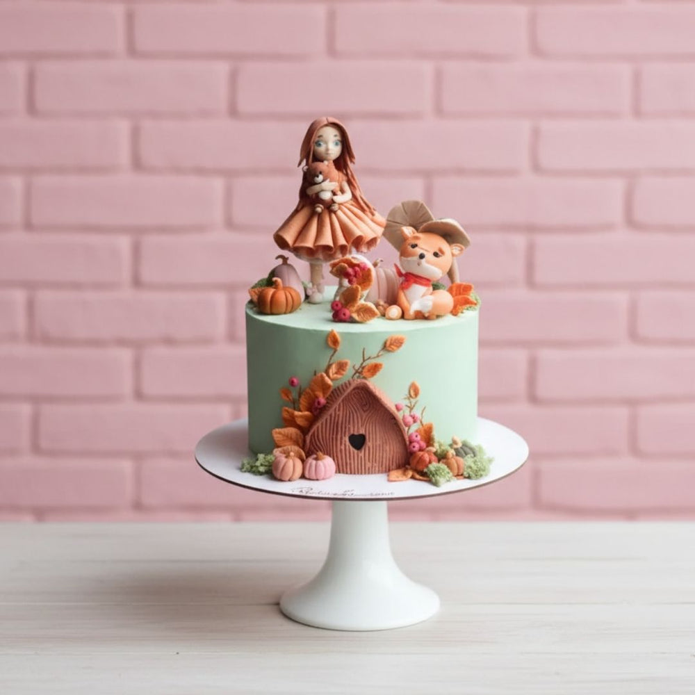 Autumn theme Decorative cake with figurines on a pink brick wall background