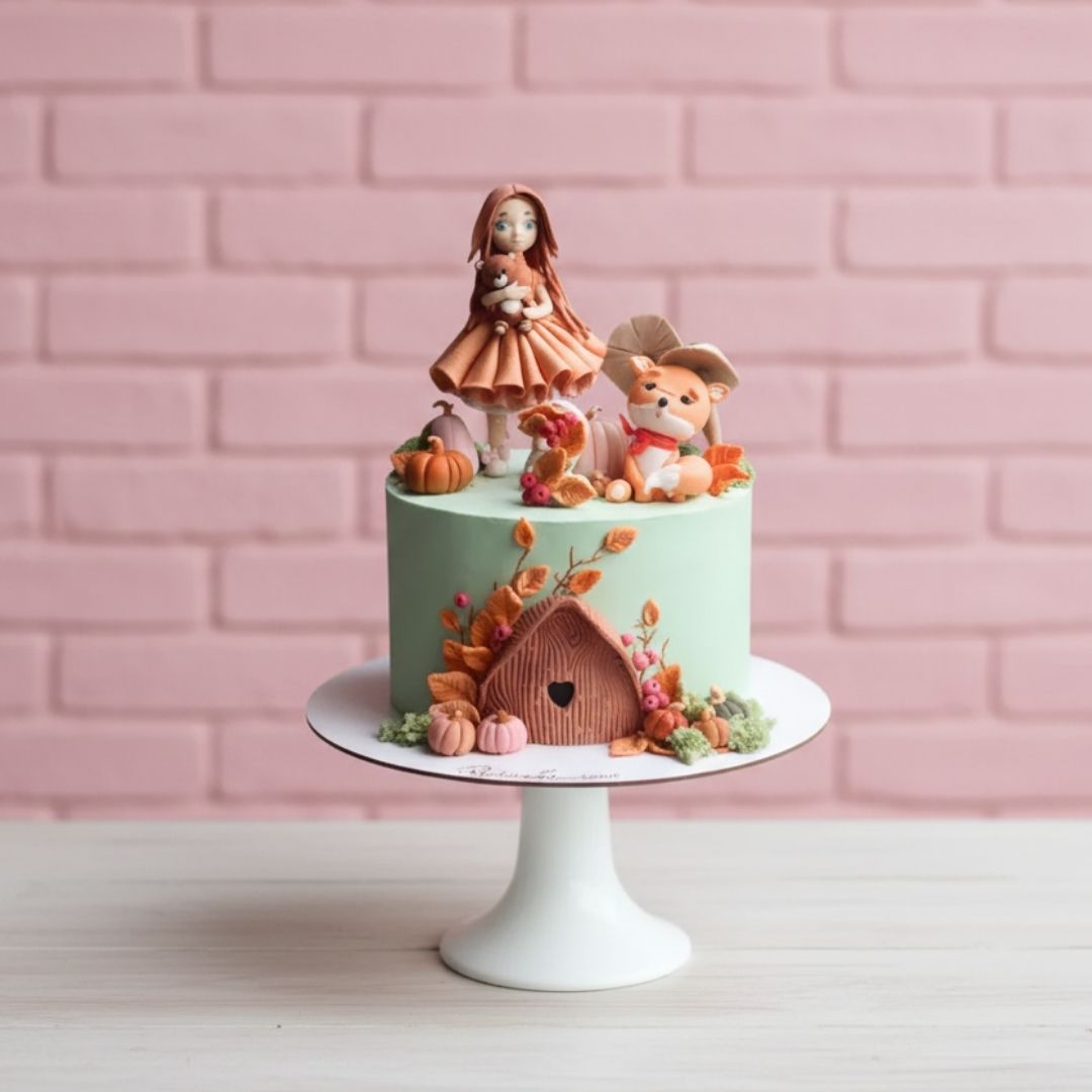 Autumn theme Decorative cake with figurines on a pink brick wall background