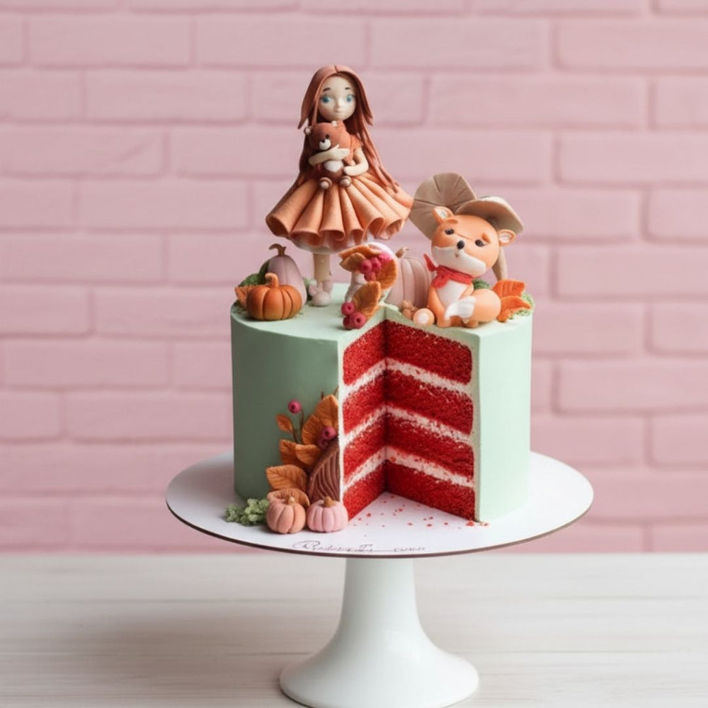 autumn theme Decorative cake red velvet flavour with a girl and fox figurine on a pink brick wall background