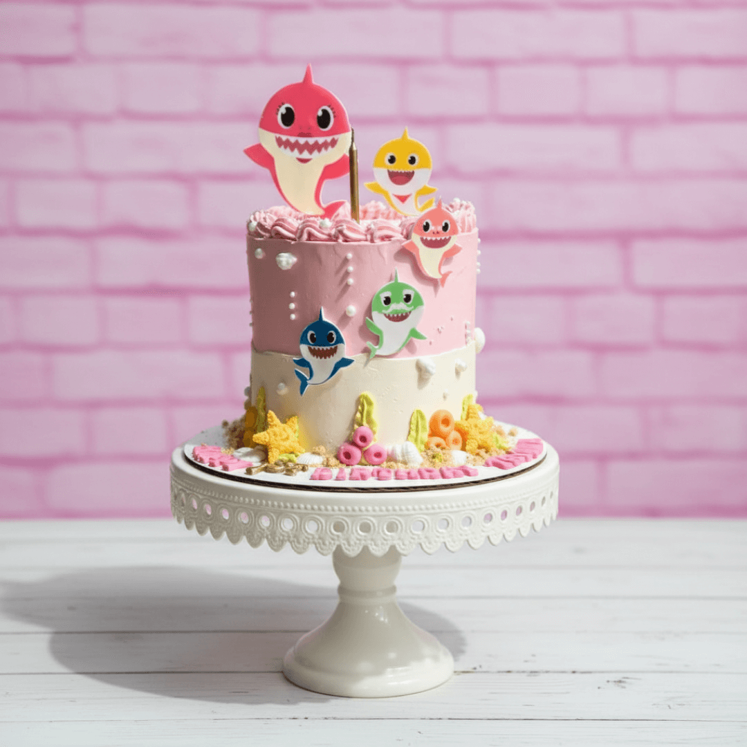baby shark theme Pink cake with shark characters on a white stand against a pink brick wall.
