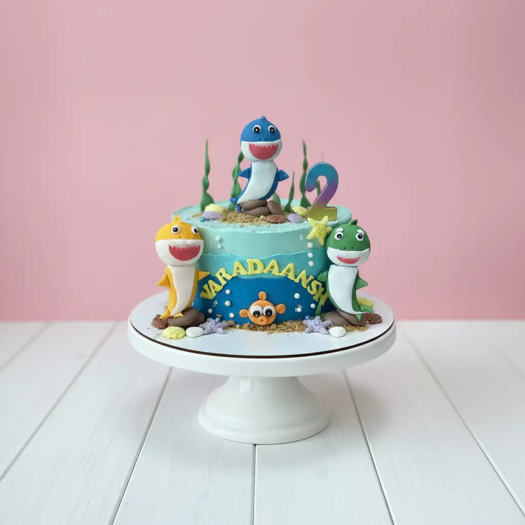 Children's birthday cake with shark characters on a white stand against a pink background