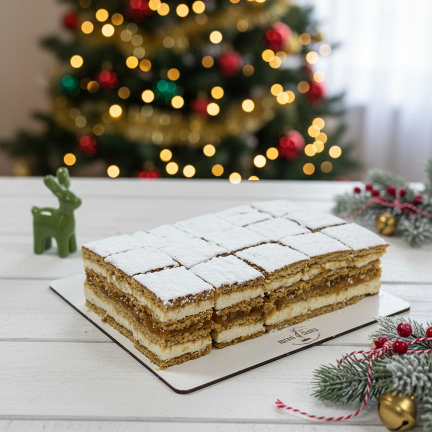 bee cake with apricots box for christmas on a white surface with a Christmas tree in the background