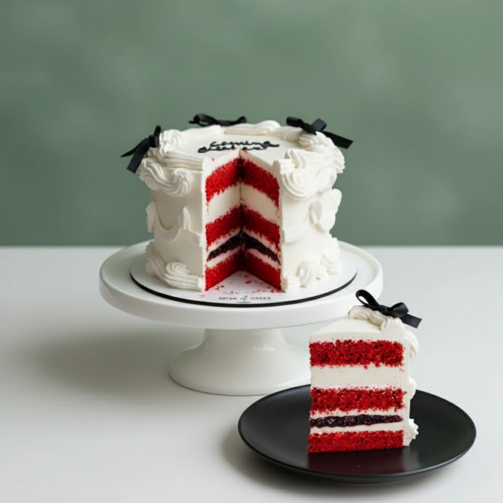 White mini or bento cake with red velvet & berries flavour on a white stand with a slice on a black plate against a green background