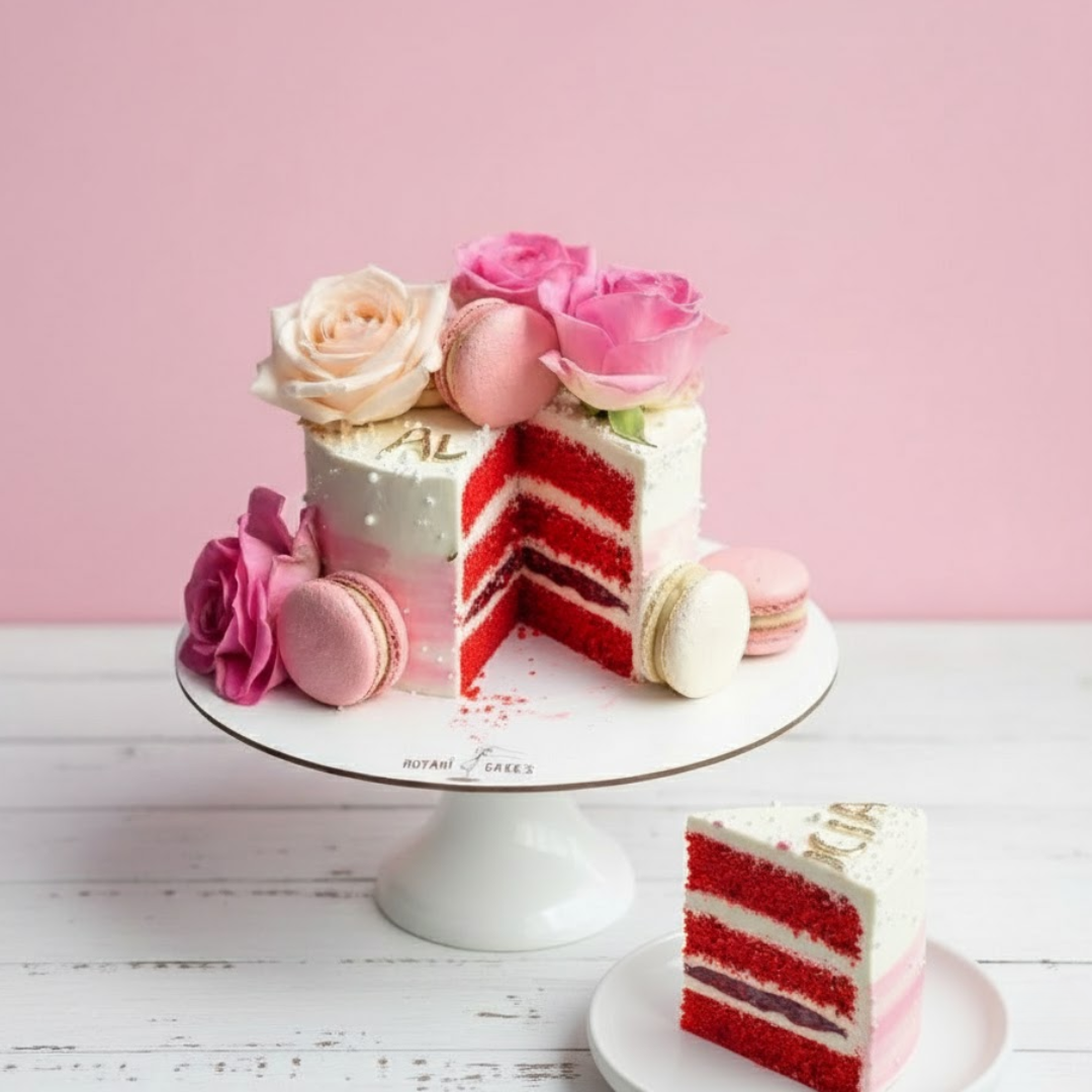 Decorative bento cake with red velvet & raspberry flavour with pink roses and macarons on a white stand against a pink background