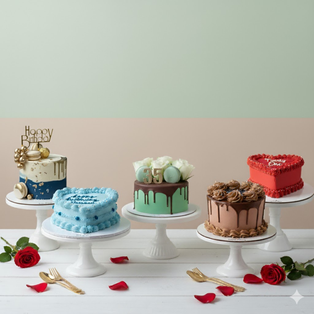 Bento cakes on white stands with decorative elements on a light background