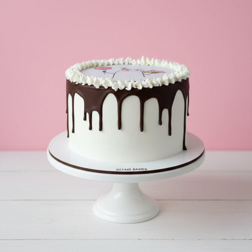 White cake with chocolate drizzle on a white stand against a pink background