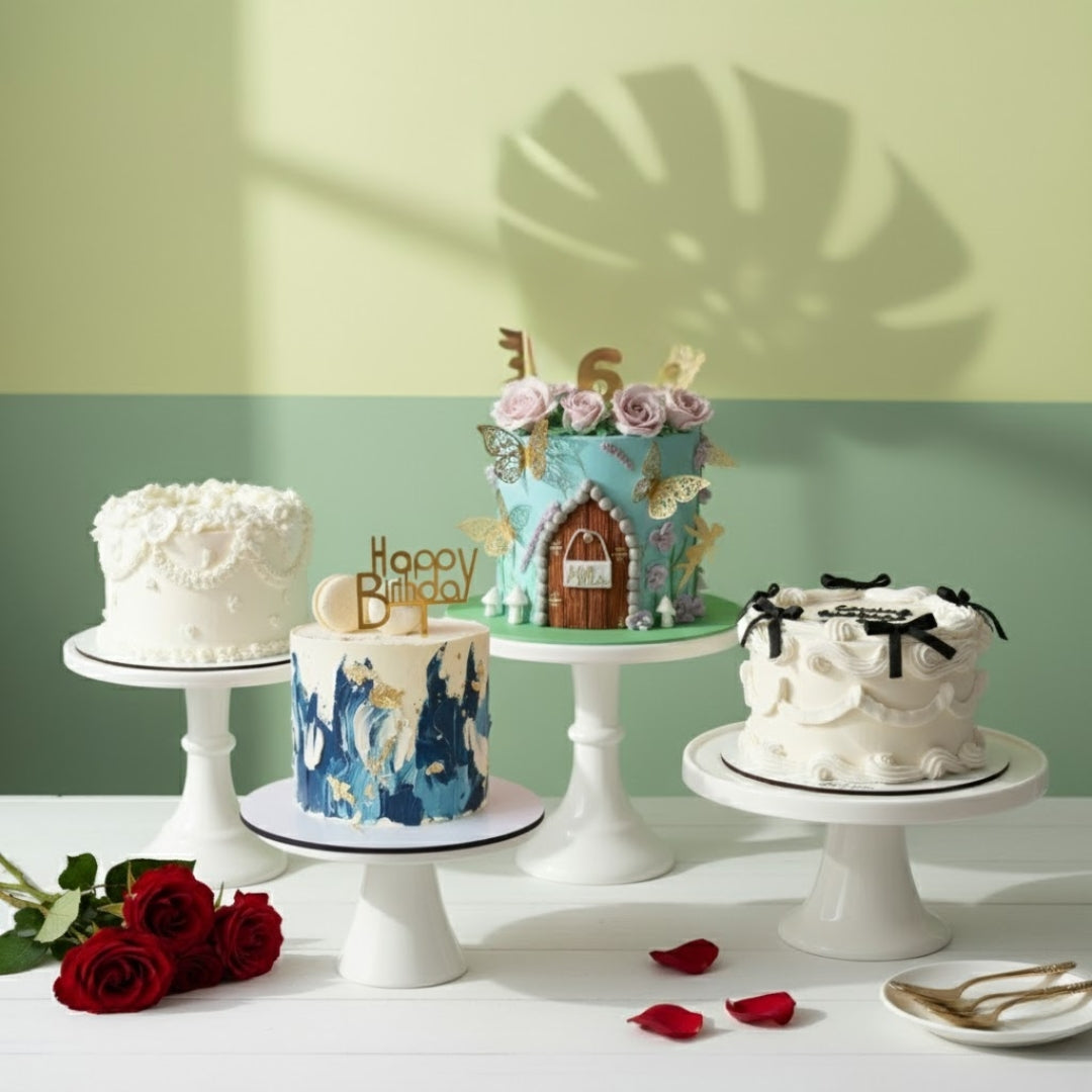 birthday cakes in nottingham on white stands with a green wall background